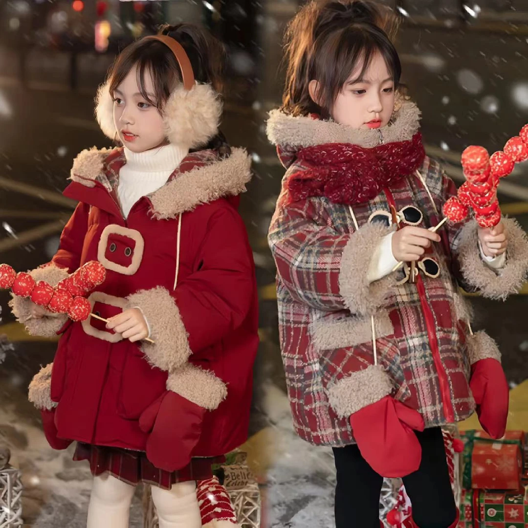 女童棉服冬装加棉加厚红色双面穿棉衣2024新款洋气儿童年服外套潮