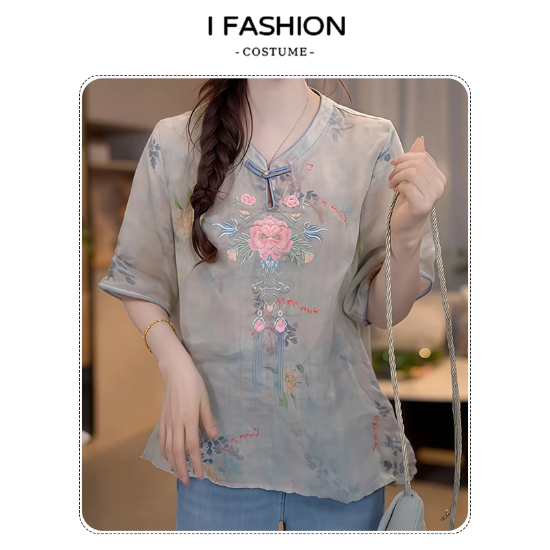 文艺风中式短袖衬衫女2025夏季新款洋气小众时尚印花盘扣刺绣衬衣