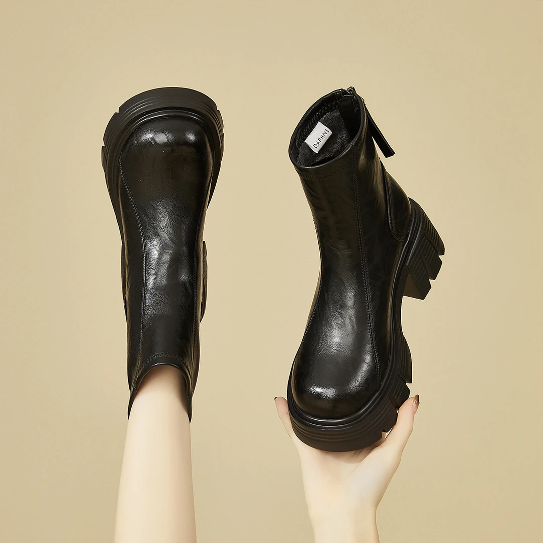 达芙妮｜【保暖加绒】粗跟马丁靴时装靴女鞋单靴英伦风后拉链瘦瘦