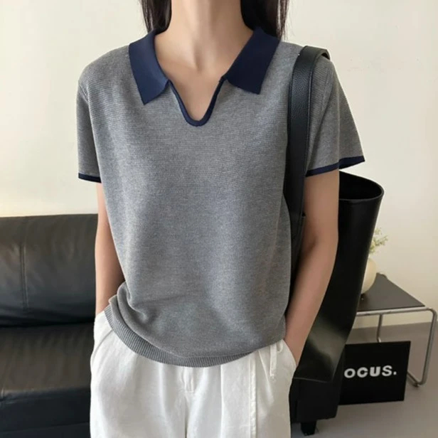 5122【亚麻天丝】POLO领短袖T恤女夏新款撞色拼接简约时尚宽松上衣