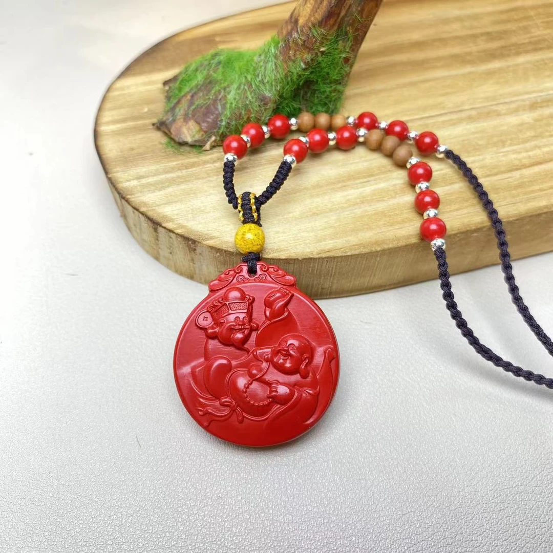 含辰砂工艺品高含量朱砂红砂设计款财福双全吊坠正品保真朱砂脖挂