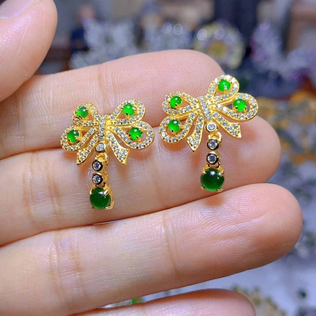 翡翠耳钉银S925镶嵌天然翡翠