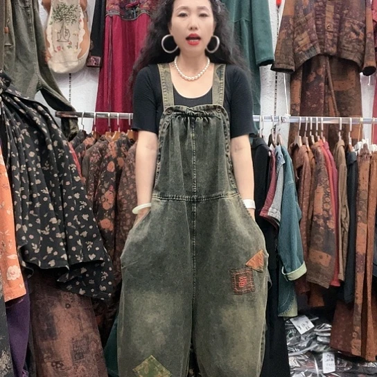 织绣招财猫牛仔背带裤
