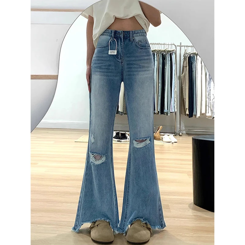 破洞显瘦微喇牛仔裤女夏季大码胖mm高腰梨型身材窄版毛边马蹄裤子