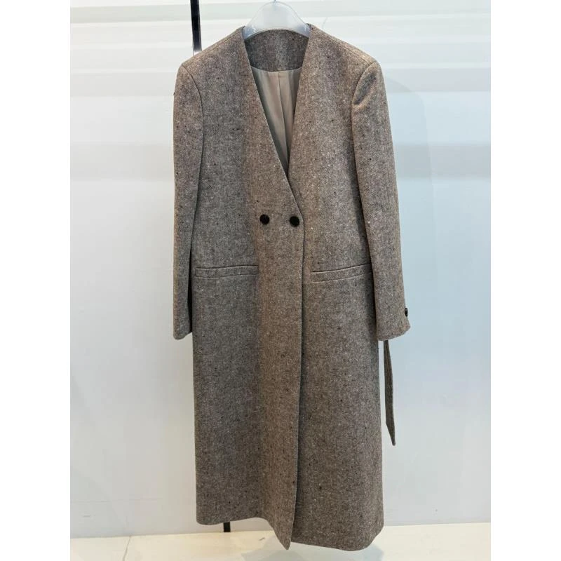 气质毛呢外套V领女装双排扣直下摆长款（18Q-83110-183-310-377）