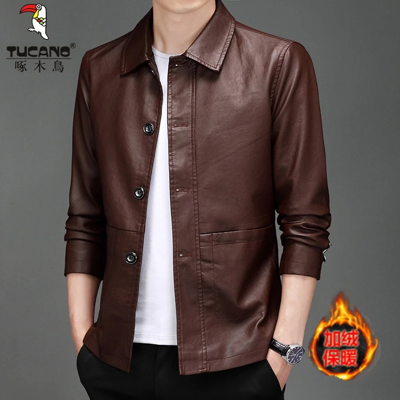 啄木鸟男士皮衣秋冬爸爸装加厚保暖外套时尚中青年翻领软皮夹克男