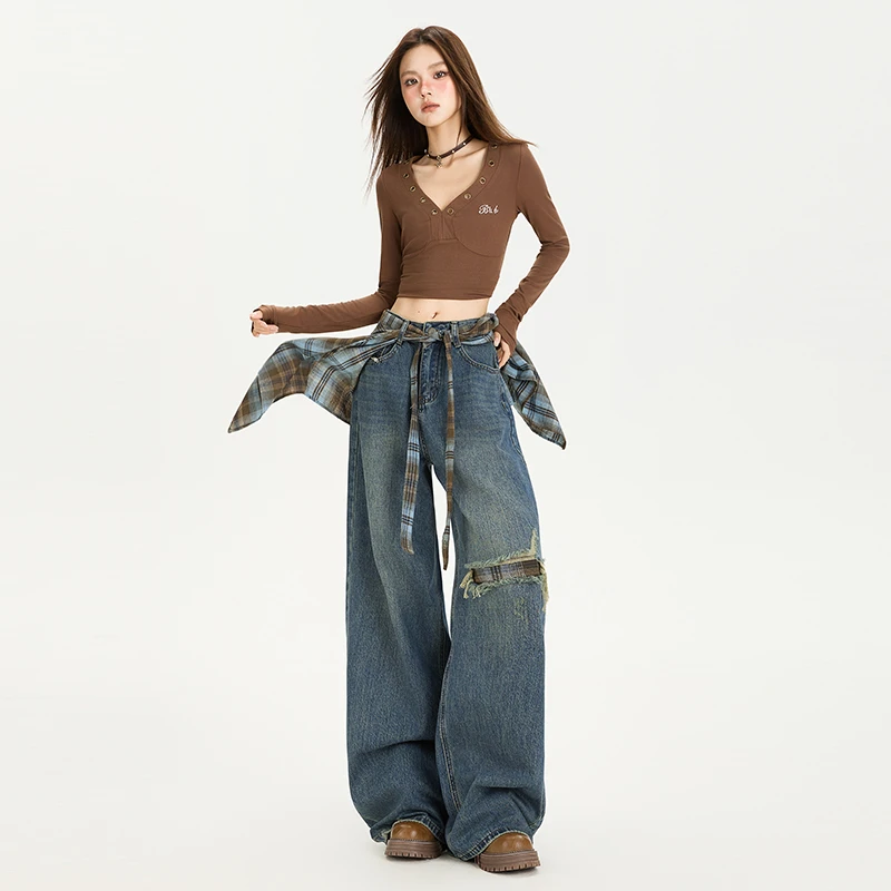 设计感屁帘假破洞阔腿牛仔裤女2025秋新款高腰宽松显瘦拖地裤长裤