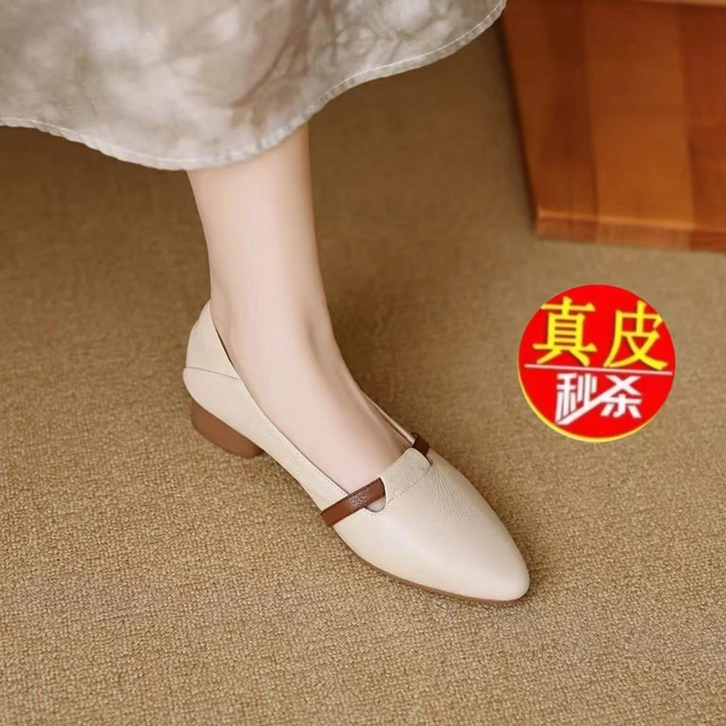 薏尔康真软皮平底单鞋女配裙子外穿2025春季新款浅口尖头法式皮鞋