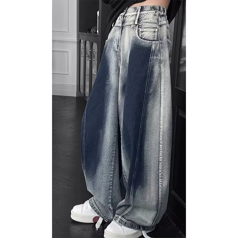 春季新款潮流复古渐变美式百搭宽松弯刀休闲牛仔长裤高街显瘦