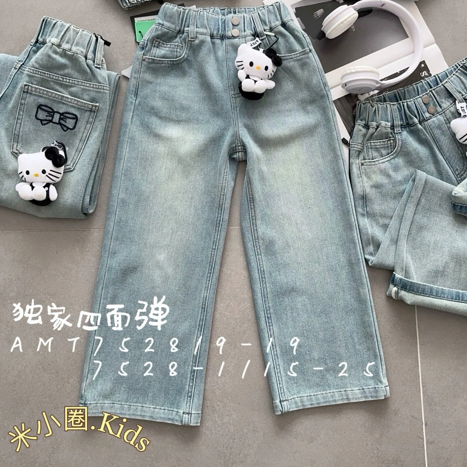 爱木橦7528AMT牛仔裤女女童破洞裤子印花春装童装大童四面弹时尚