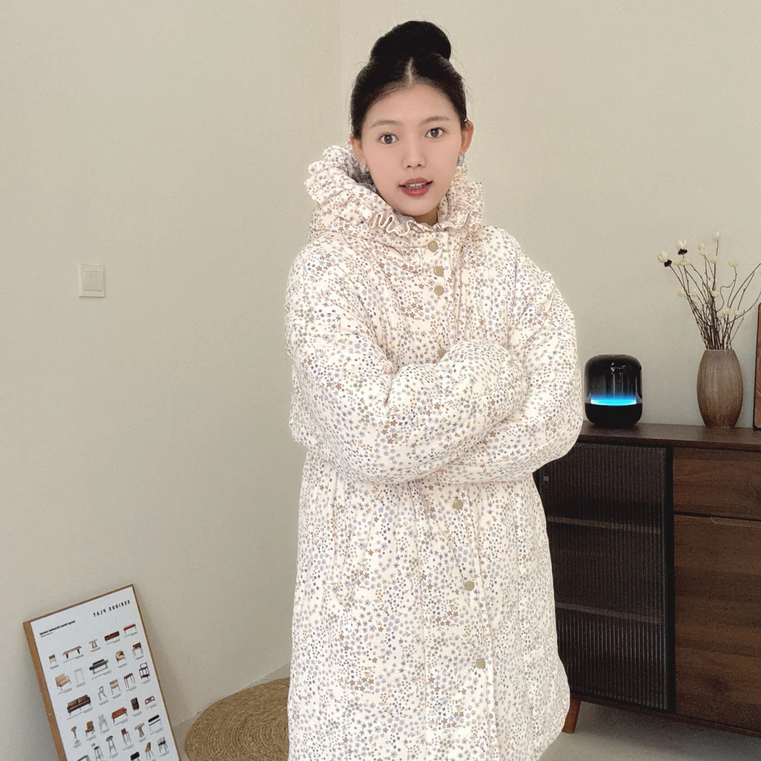 【繁花】300g新疆棉收腰花边帽中长款宽松家居服女休闲保暖棉衣棉服