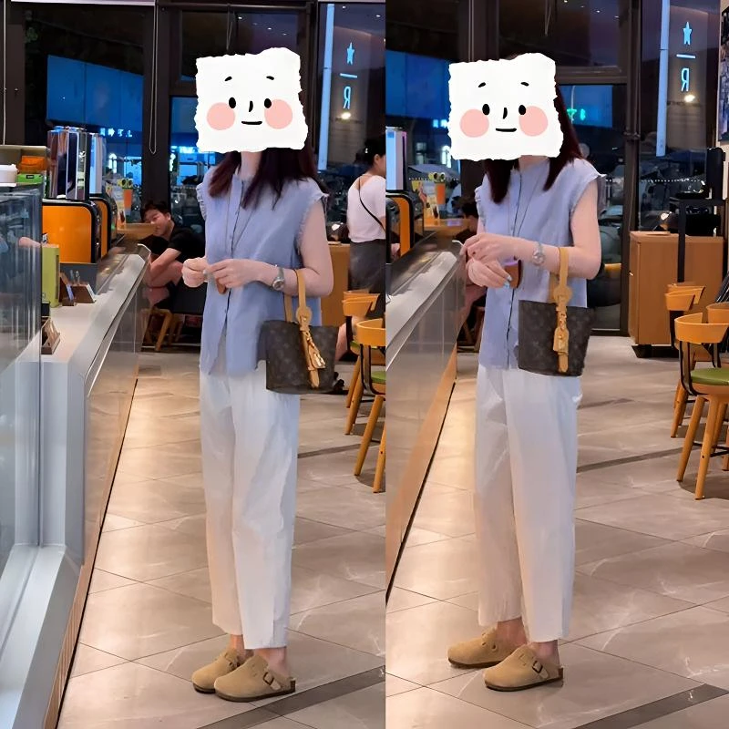 大方得体穿搭一整套法式设计感时尚百搭蓝色上衣宽松休闲裤套装