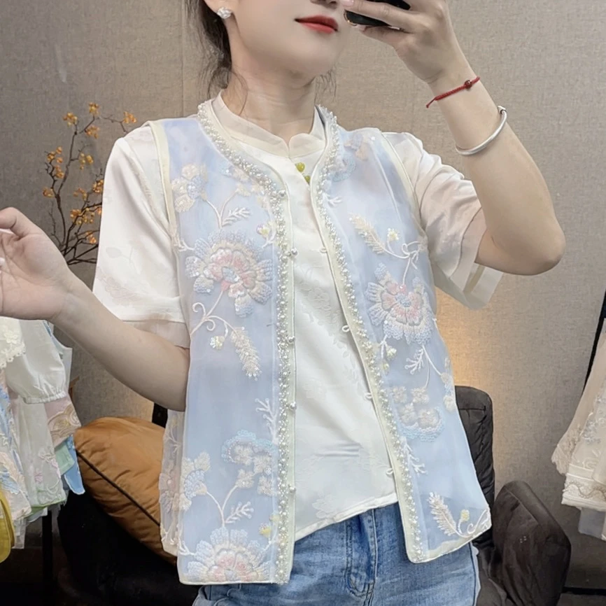 【蓝雪草】夏季新款复古气质绣花马甲重工订珠新国风中式马夹