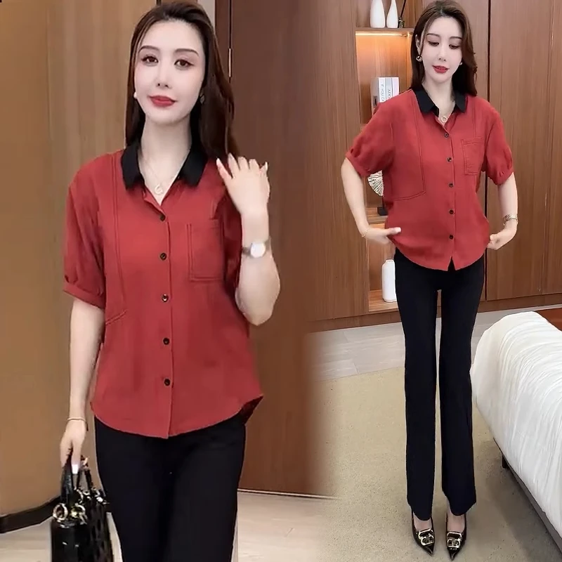 气质休闲时尚翻领短袖衬衫女2025夏季新款洋气显瘦百搭减龄上衣