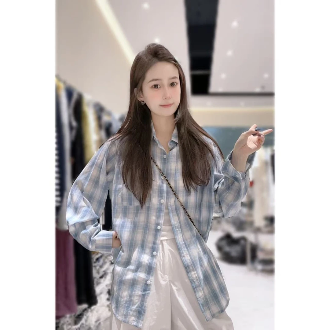 【三懿服饰】韩系格纹防晒衬衫宽松长袖休闲上衣9391