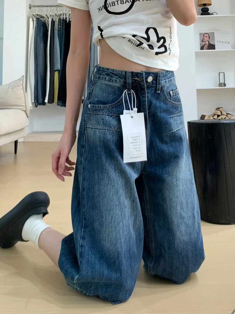 美式复古七分牛仔裤小个子夏季新款中裤2025高腰宽松阔腿直筒短裤