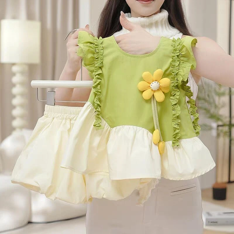 女童花苞短裤套装夏季2025新款儿童时髦夏装女孩小飞袖背心两件套