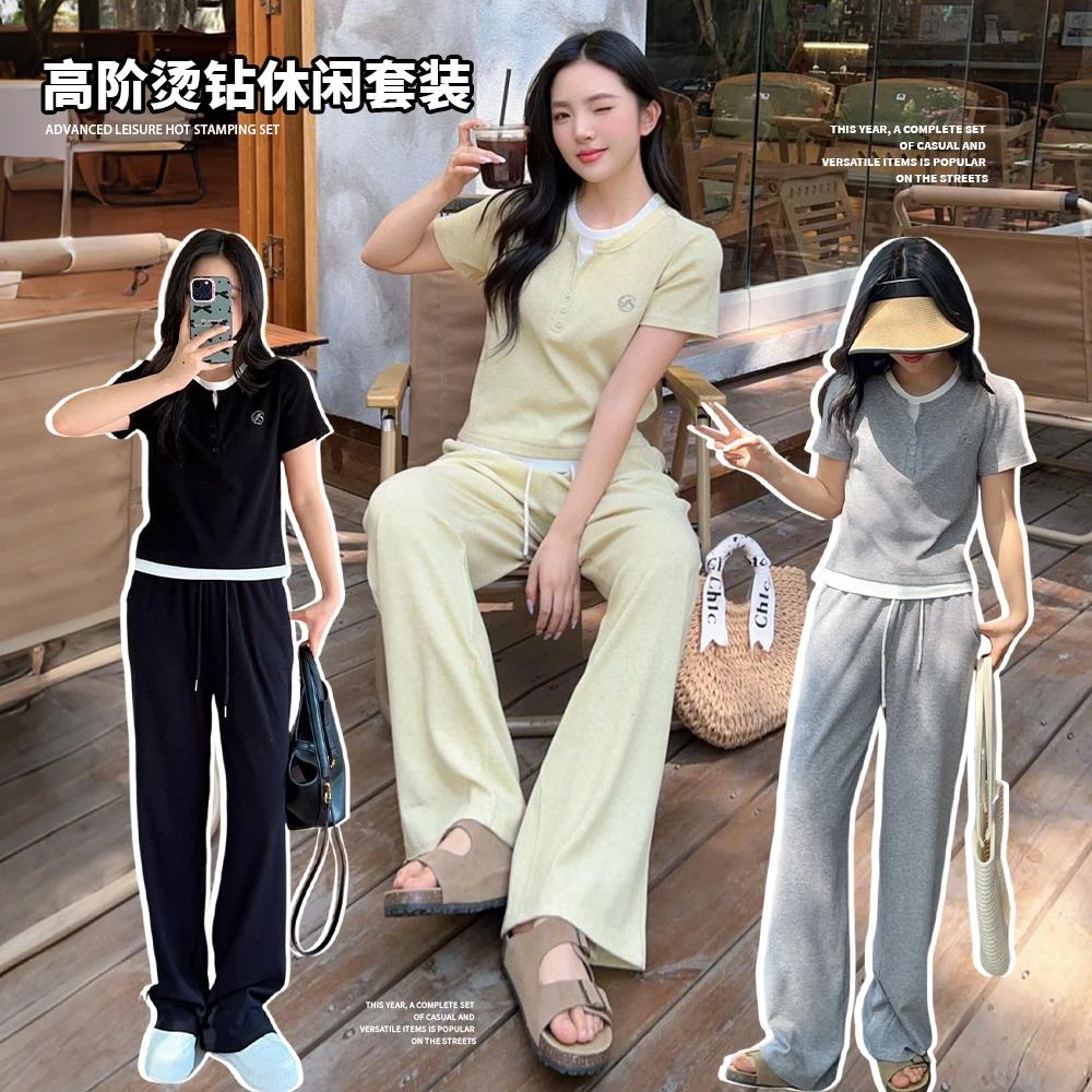 K大码胖MM春夏新款烫钻假两件套装女休闲气质时尚拼接半开衫套装