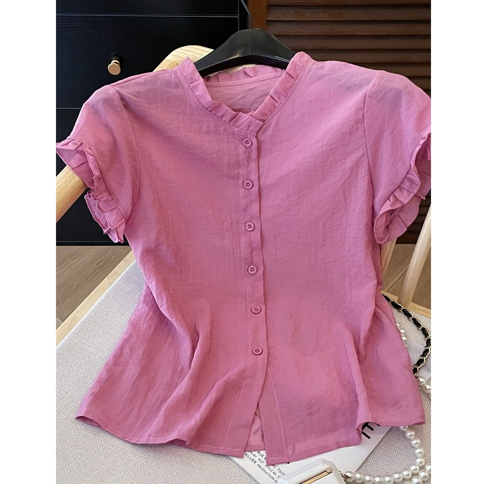 独特安可拉红通勤休闲短袖衬衫2025年夏季新款洋气小衫时尚上衣女