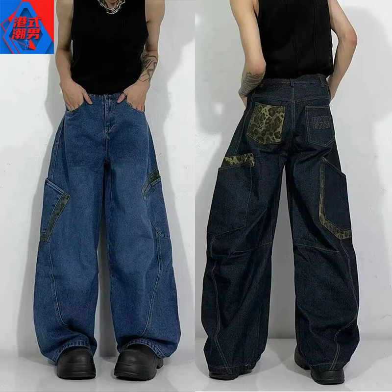 美式豹纹弯刀牛仔裤男春秋季宽松复古直筒裤男潮牌高街水洗阔腿裤