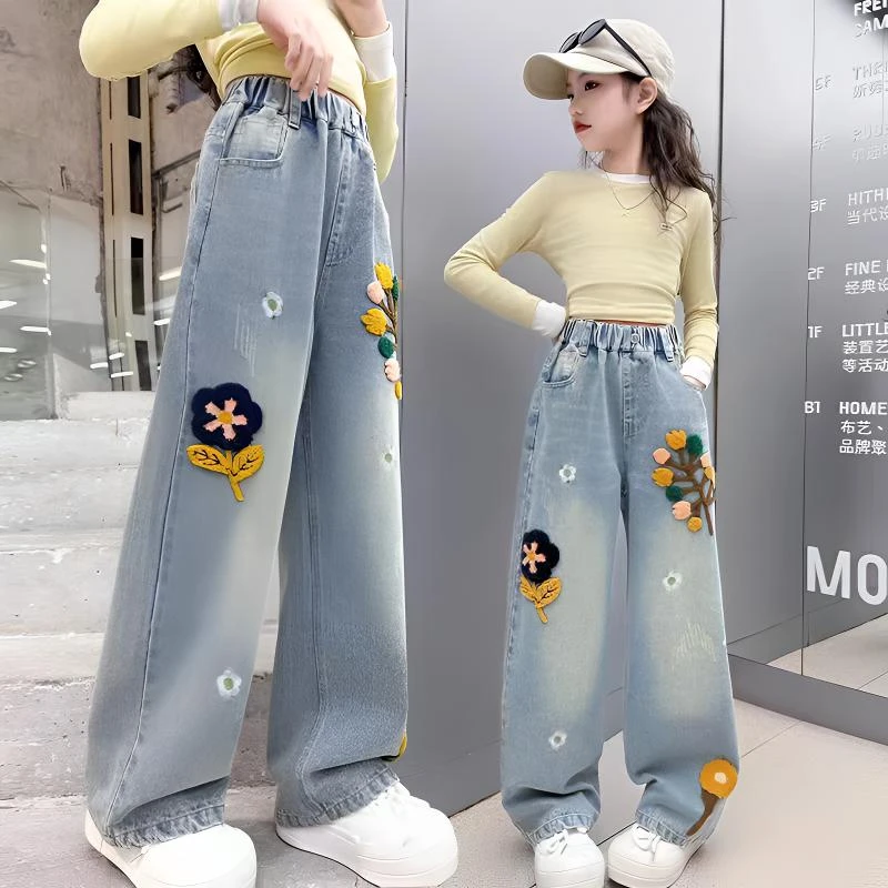 中大童牛仔裤2025春季新款女童时尚绣花宽松百搭直筒阔腿长裤外穿