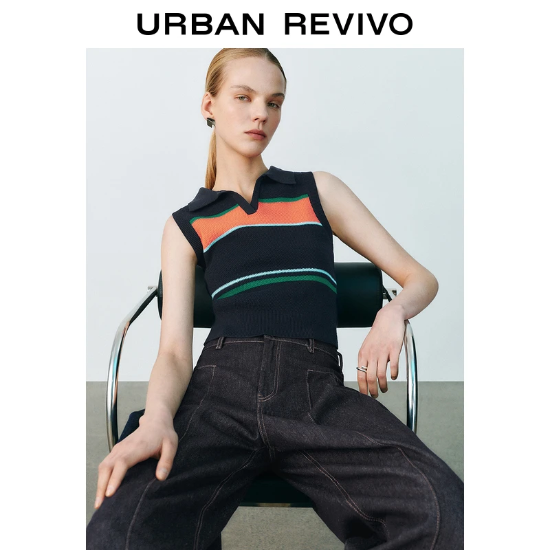 UR2025春季新款女装欧若风撞色条纹超短款无袖针织衫UYU950069