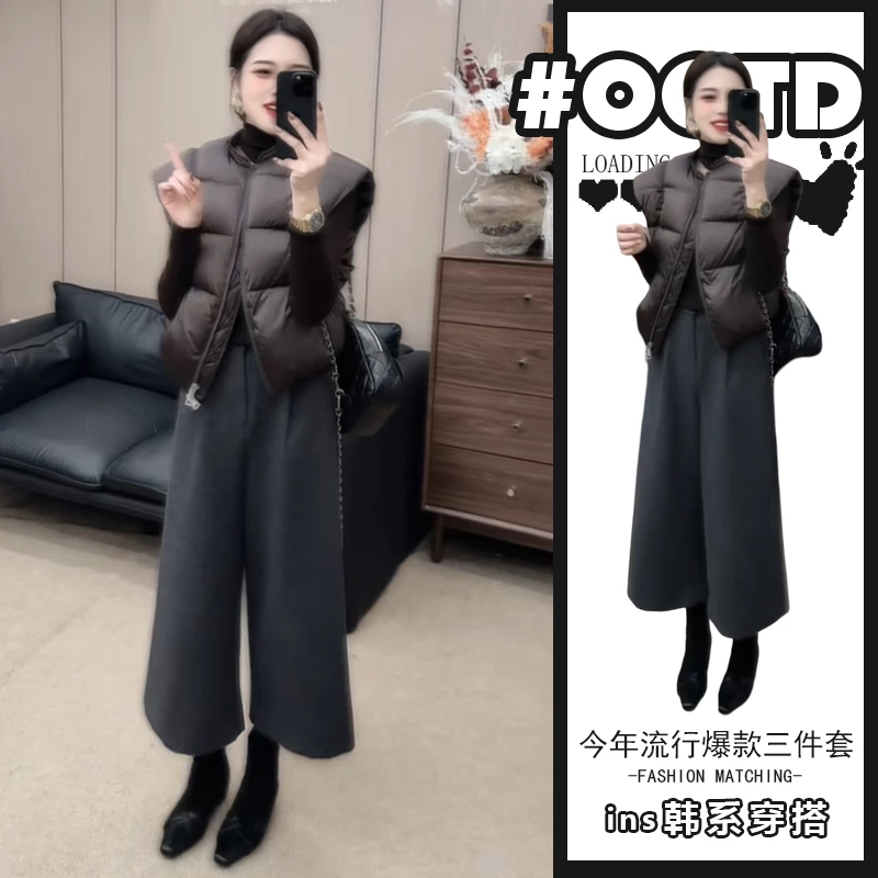 欧货三件套时尚套装2025冬季韩版叠穿棉服马甲修身打底衫休闲裤潮