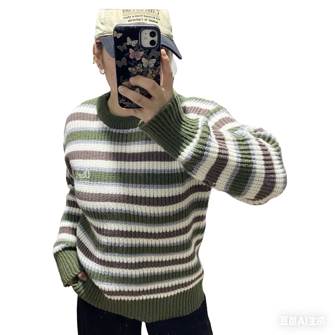 日式条纹针织衫男士港风复古宽松慵懒时尚休闲套头圆领针织上衣潮