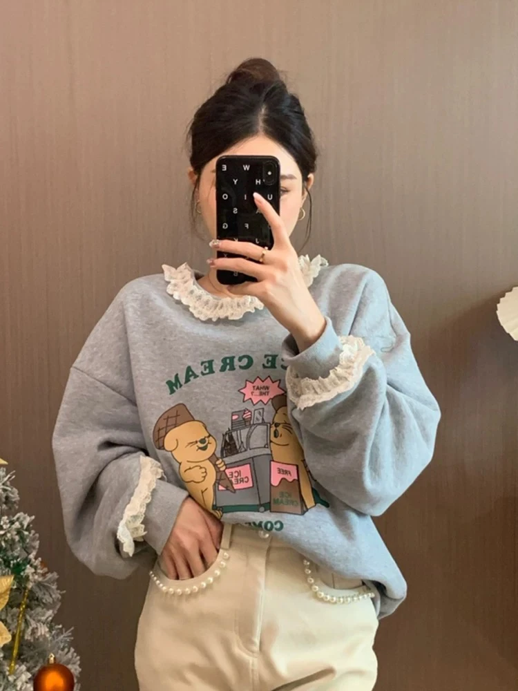 루루가− （冰激凌小熊）韩国东大门2024冬季新款休闲圆领卡通加绒卫衣
