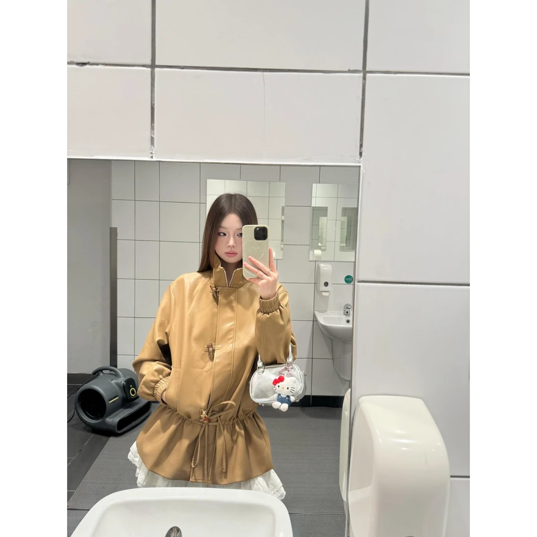 美拉德卡其色立领牛角扣皮衣外套女秋季宽松显瘦系带收腰夹克大衣
