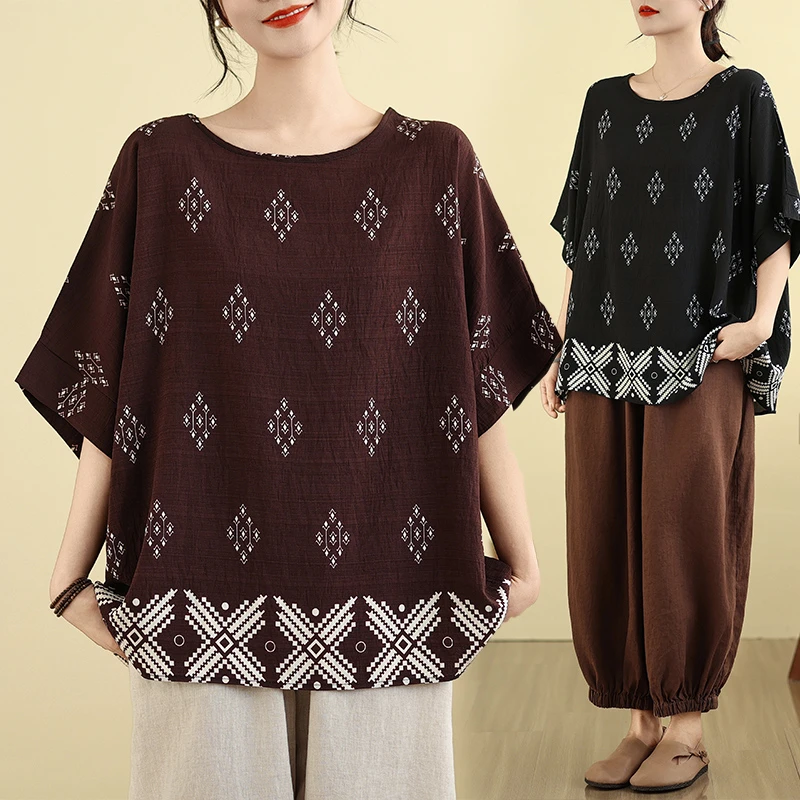 棉麻大码中老年女装夏季复古时尚五分袖t恤印花宽松百搭休闲上衣