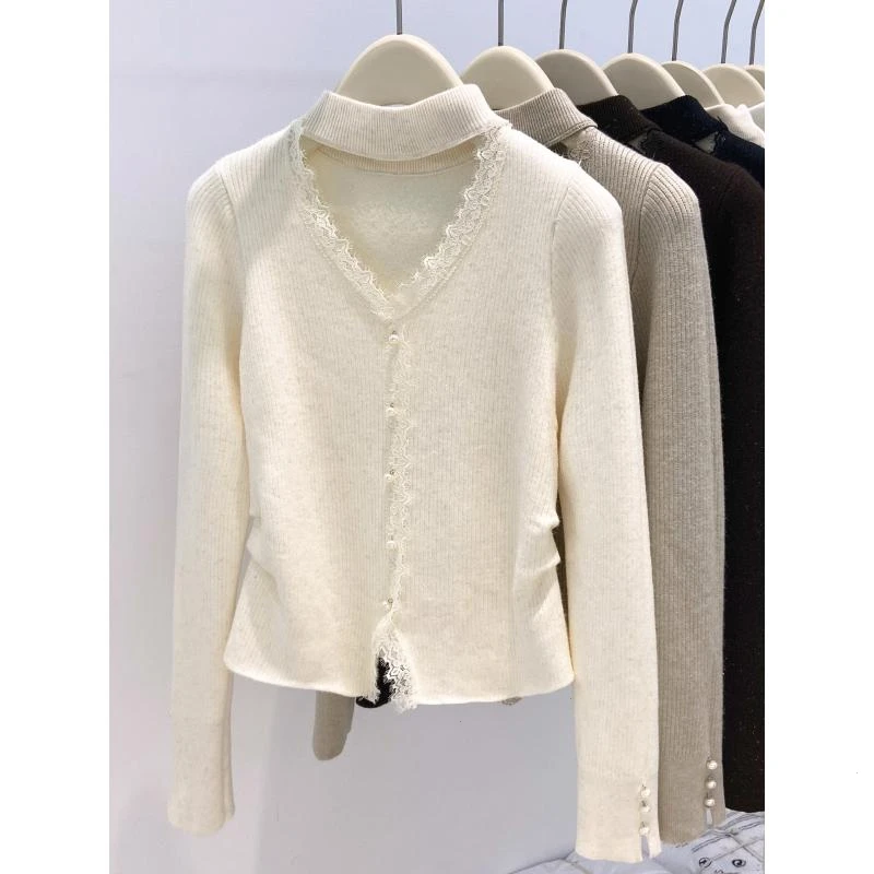 韩系法式蕾丝拼接针织毛衣女秋冬季加绒加厚修身打底衫温柔风百搭