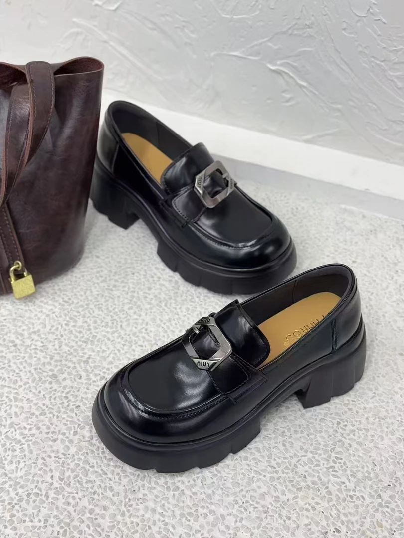 真皮乐福鞋女2025春秋新款百搭通勤英伦单鞋厚底粗跟一脚蹬小皮鞋