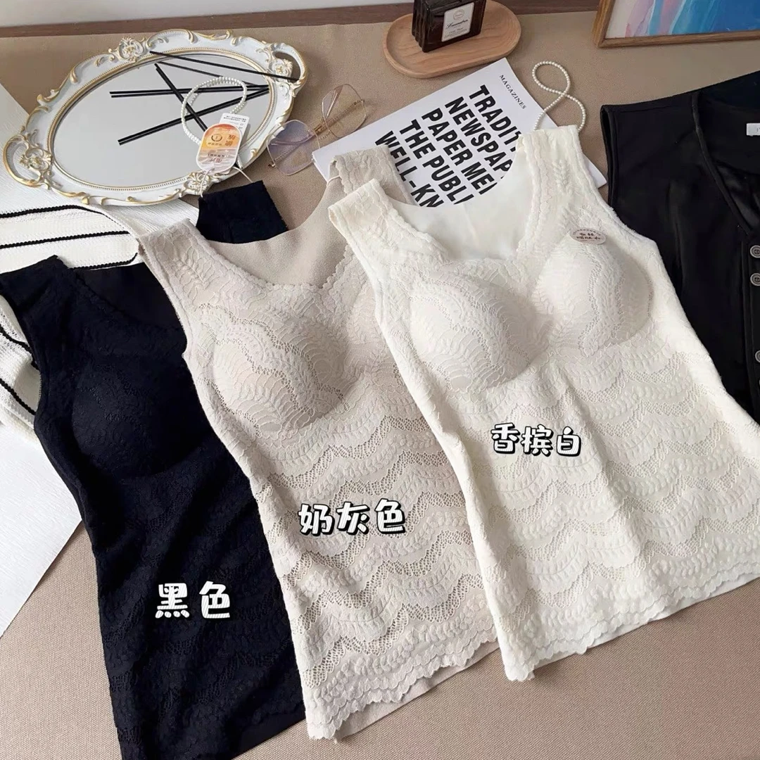 女士加绒保暖背心内衣双面磨绒无痕加厚免穿文胸收腹打底冬