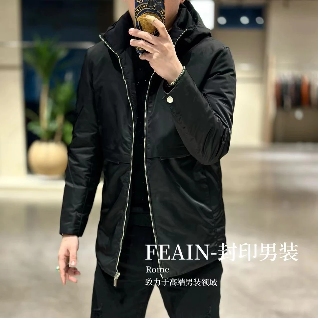 【鹅绒拼真皮】高端男士定制真皮拼接三防面料鹅绒服风衣Y561