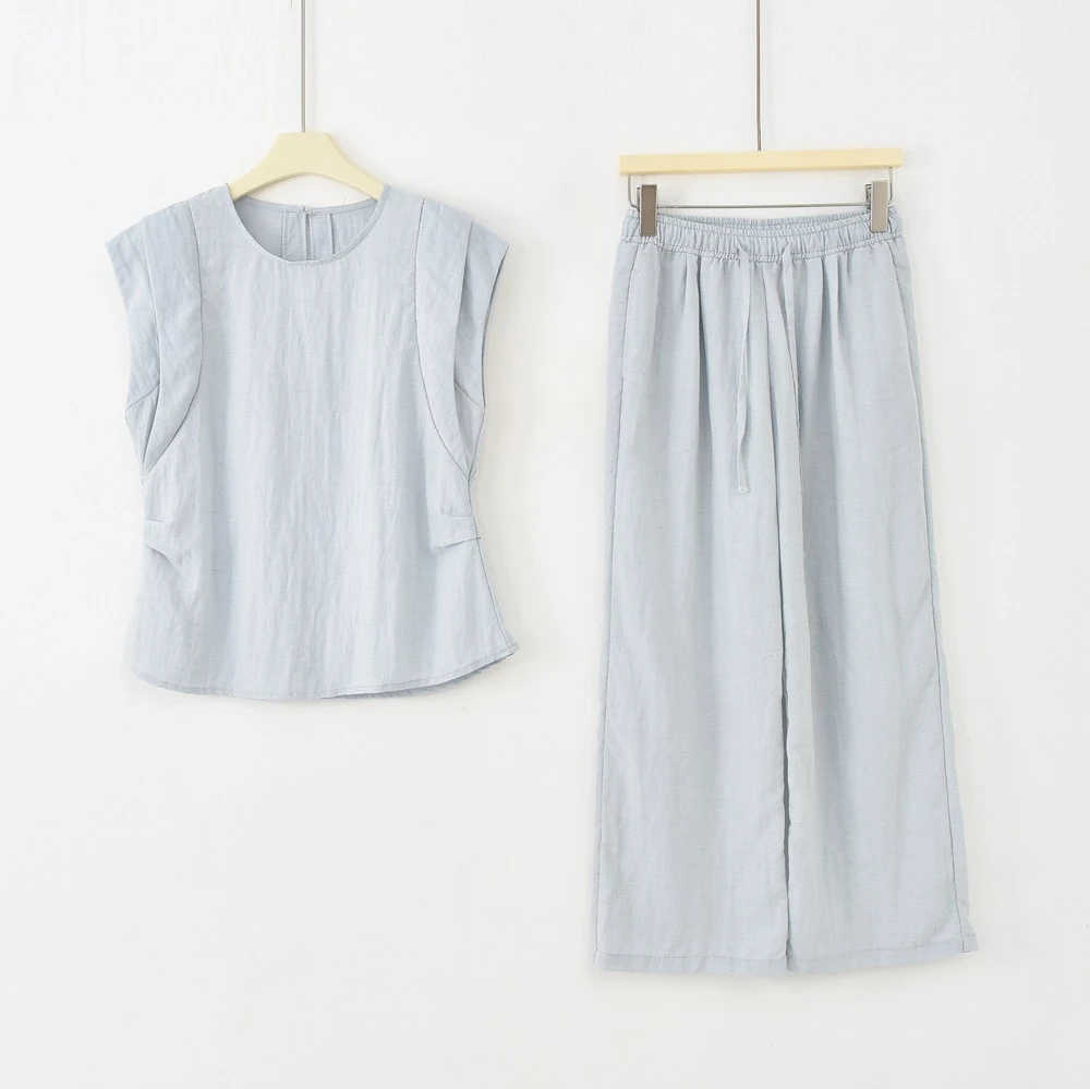 夏季新款天丝亚麻纯色休闲百搭T恤休闲裤两件套套装女1126