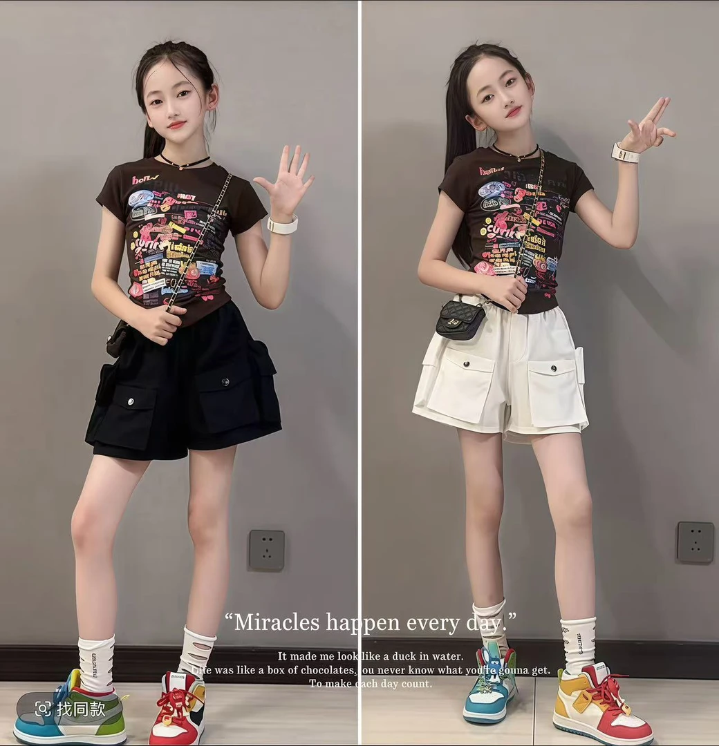 女童夏季新款卡通印花短袖正肩T恤修身收腰短款圆领上衣工装短裤