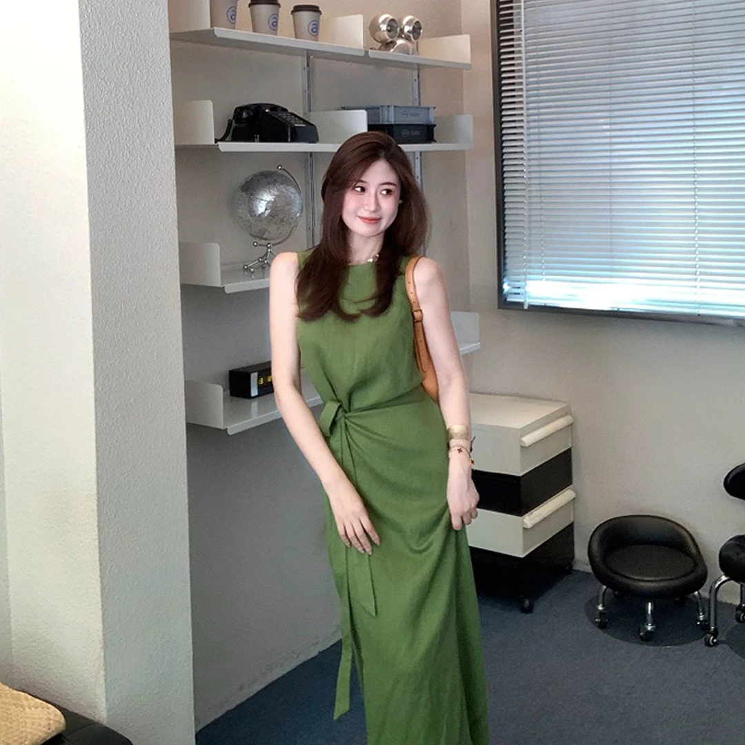 御姐气质简约绑带修身无袖连衣裙2025夏季新款时尚绿色长裙子女装