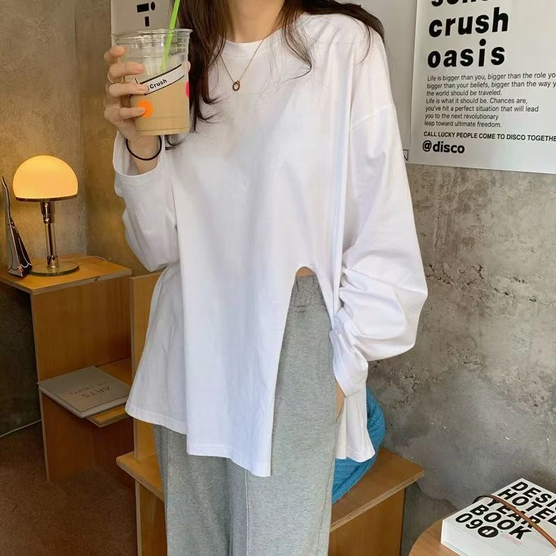 纯棉t恤女长袖宽松开叉白色打底衫--XF0028