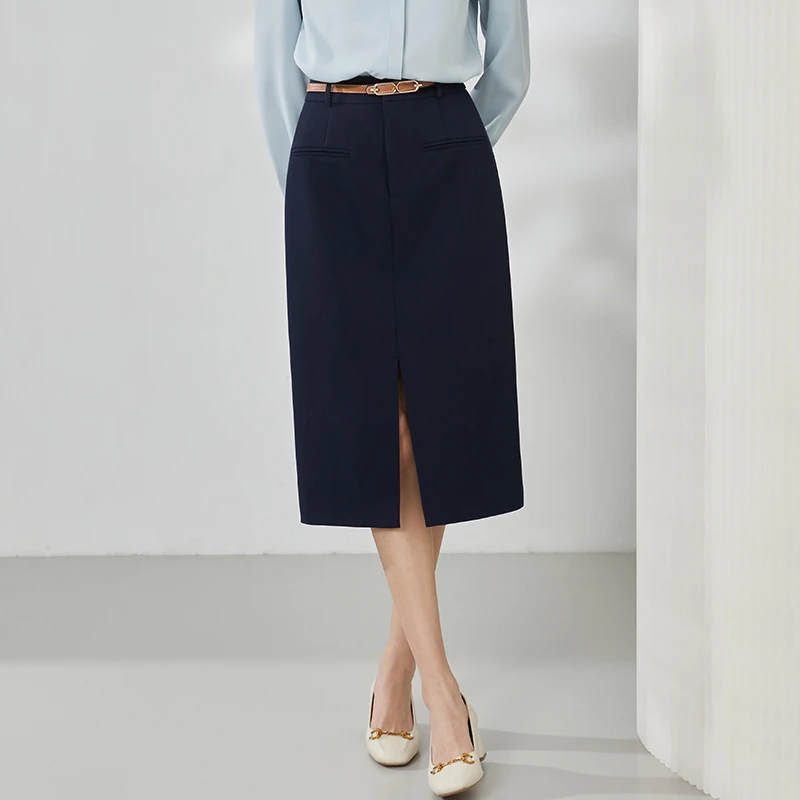 【无龄迷笛】曼贝8461023黛青色西装半身裙女新款高腰气质中长款