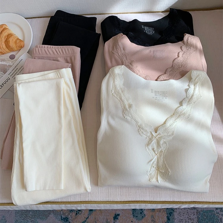 加绒桑蚕丝保暖内衣女带胸垫V领蕾丝边修身显瘦舒适秋衣秋裤套装