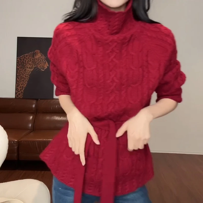 【系带毛衣】秋冬宽松高领麻花套头针织衫LK2508306