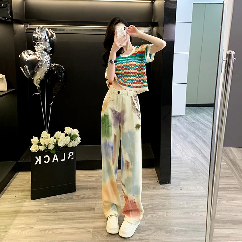 时尚套装女夏季2025新款条纹撞色针织镂空短袖高腰直筒阔腿裤洋气