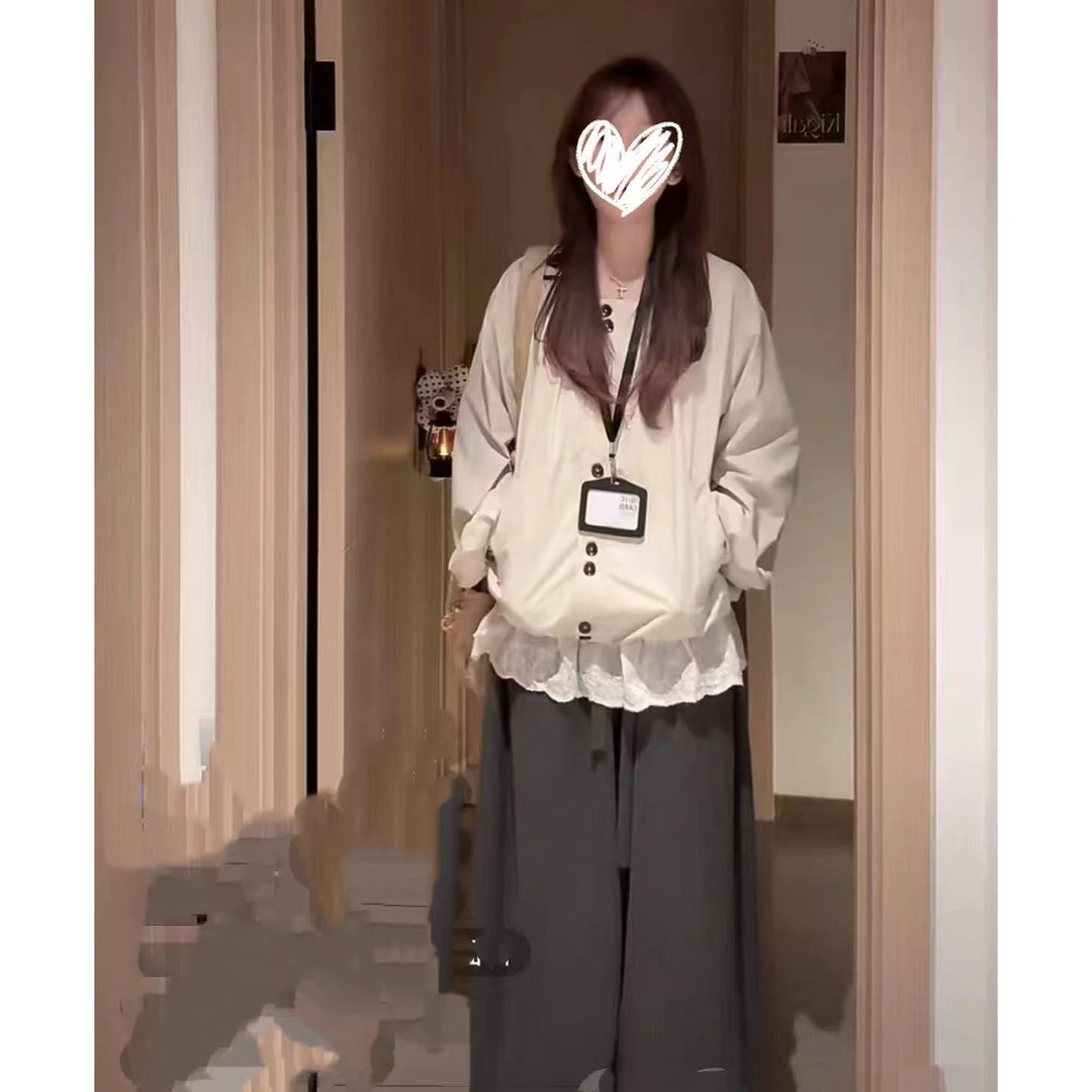 时尚套装女纯色外套女装减龄阔腿裤长袖复古大T薄款套装