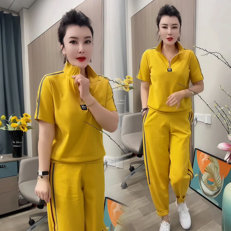 高含棉2025年夏季新款韩版减龄百搭套装女士撞色上衣阔腿裤两件套