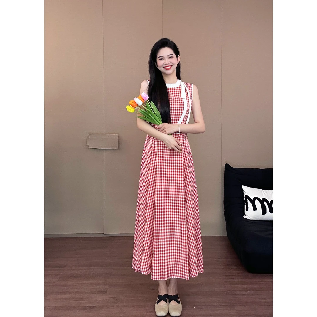 新新子「温柔女人」高个子甜美温柔显瘦夏季田园风格子连衣裙