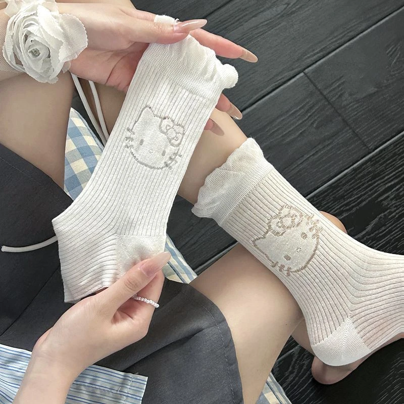 薄款日系凯蒂猫袜子女中筒无骨堆堆袜可爱Kitty猫蕾丝花边中筒袜