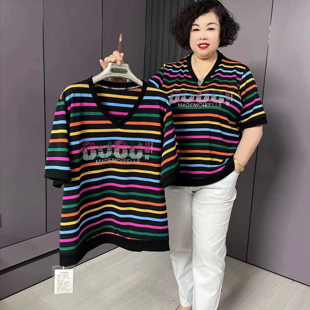 1691//大码女装新款V领彩虹条休闲百搭半袖衫