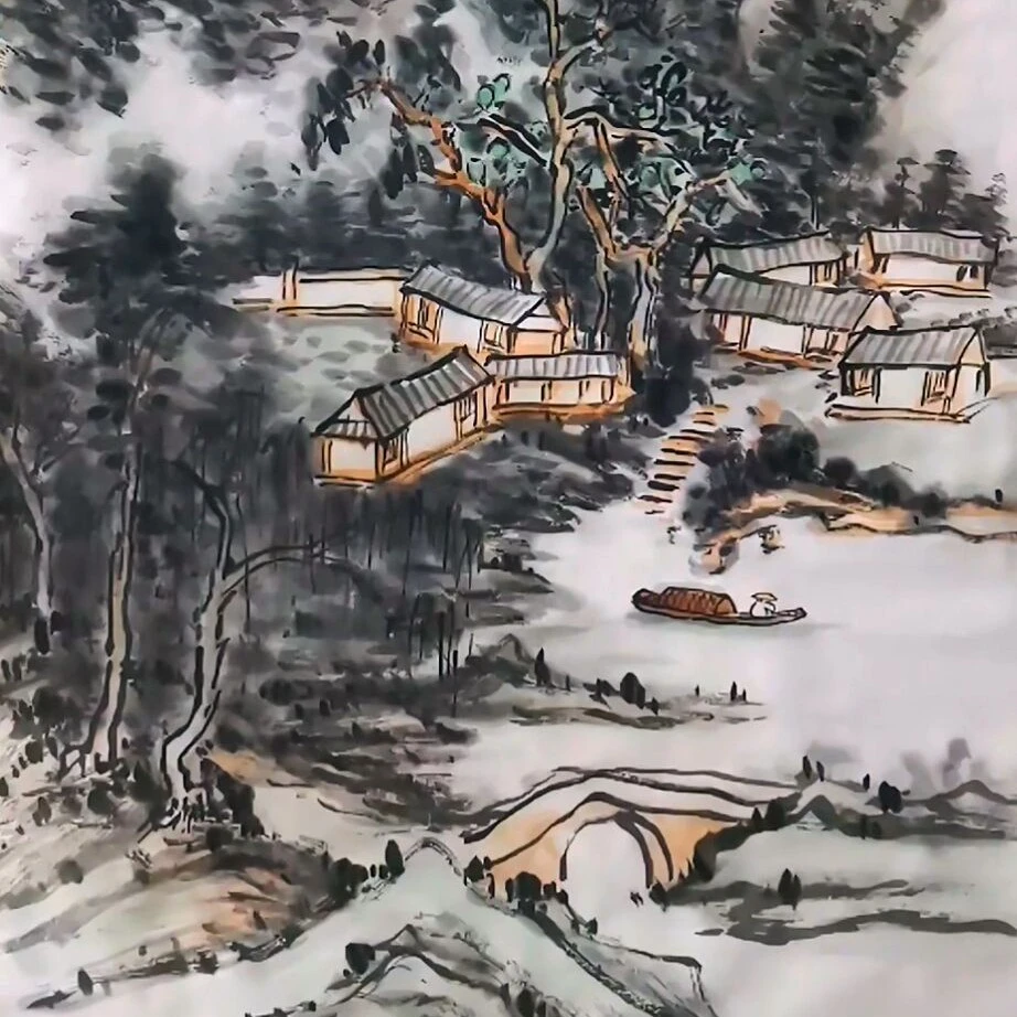 山水画68x35cm宣纸未装裱中式山水挂画