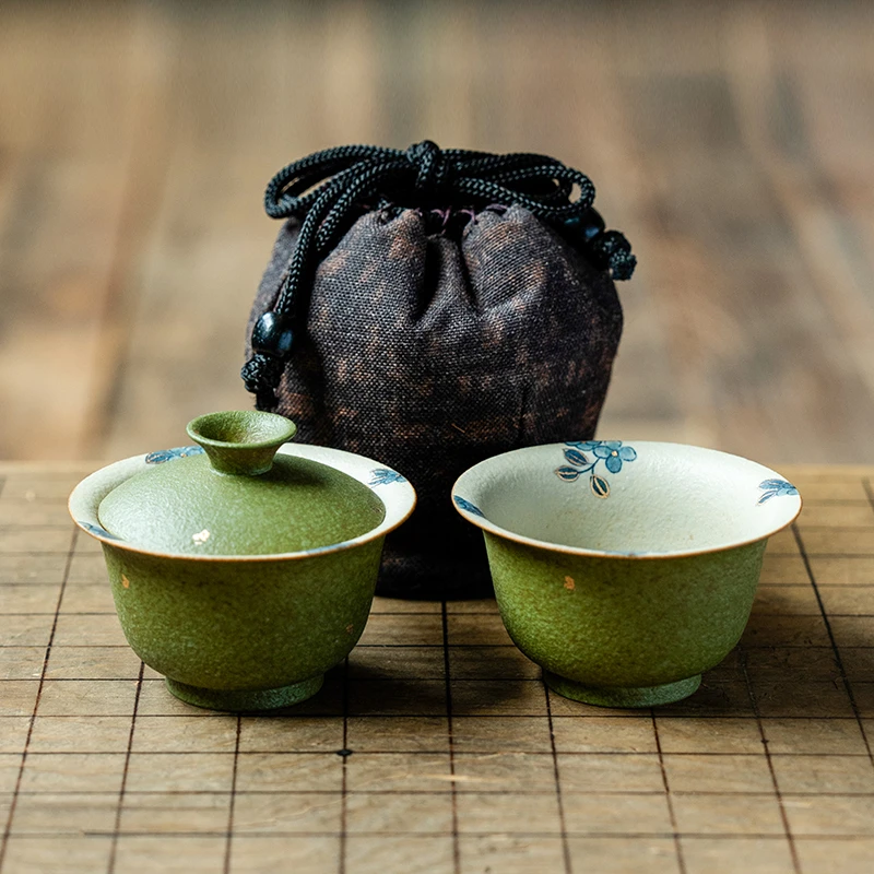 德白青橘手绘万物有灵盖碗茶杯旅行茶具收纳袋随身户外泡茶一人饮
